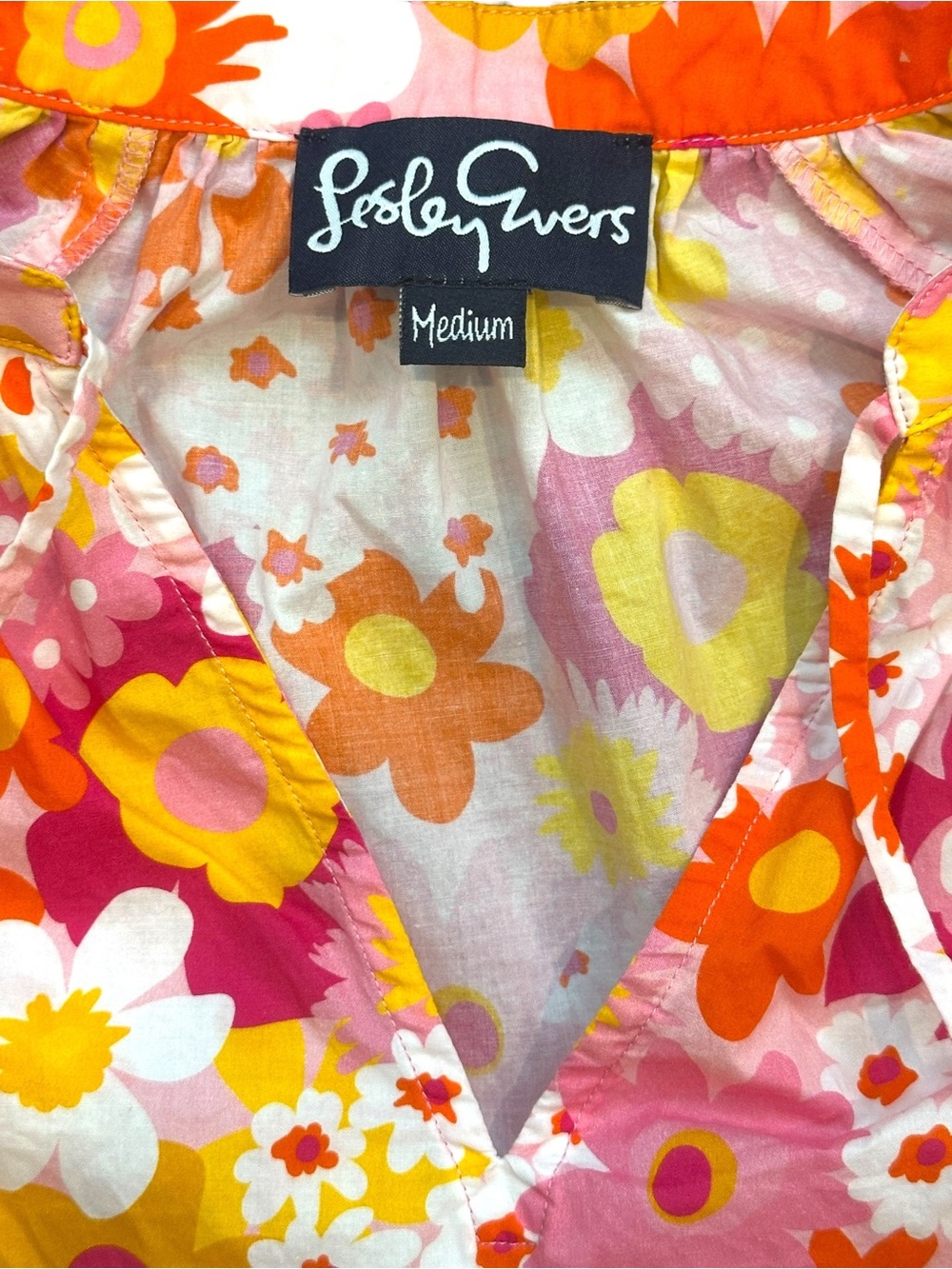 Lesley Evers Willow Short Sleeve Tunic Top Pink/Yellow/Orange Garden Floral Med - Picture 3 of 6